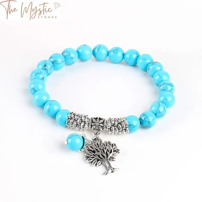 Blue Howlite 8Mm Mala Bracelet With Tree Of Life Pendant