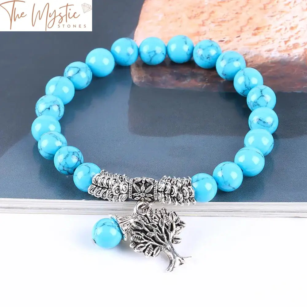 Blue Howlite 8Mm Mala Bracelet With Tree Of Life Pendant