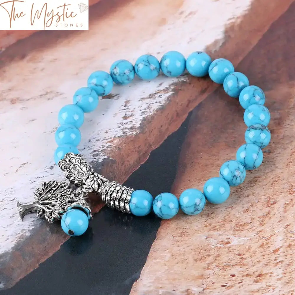 Blue Howlite 8Mm Mala Bracelet With Tree Of Life Pendant