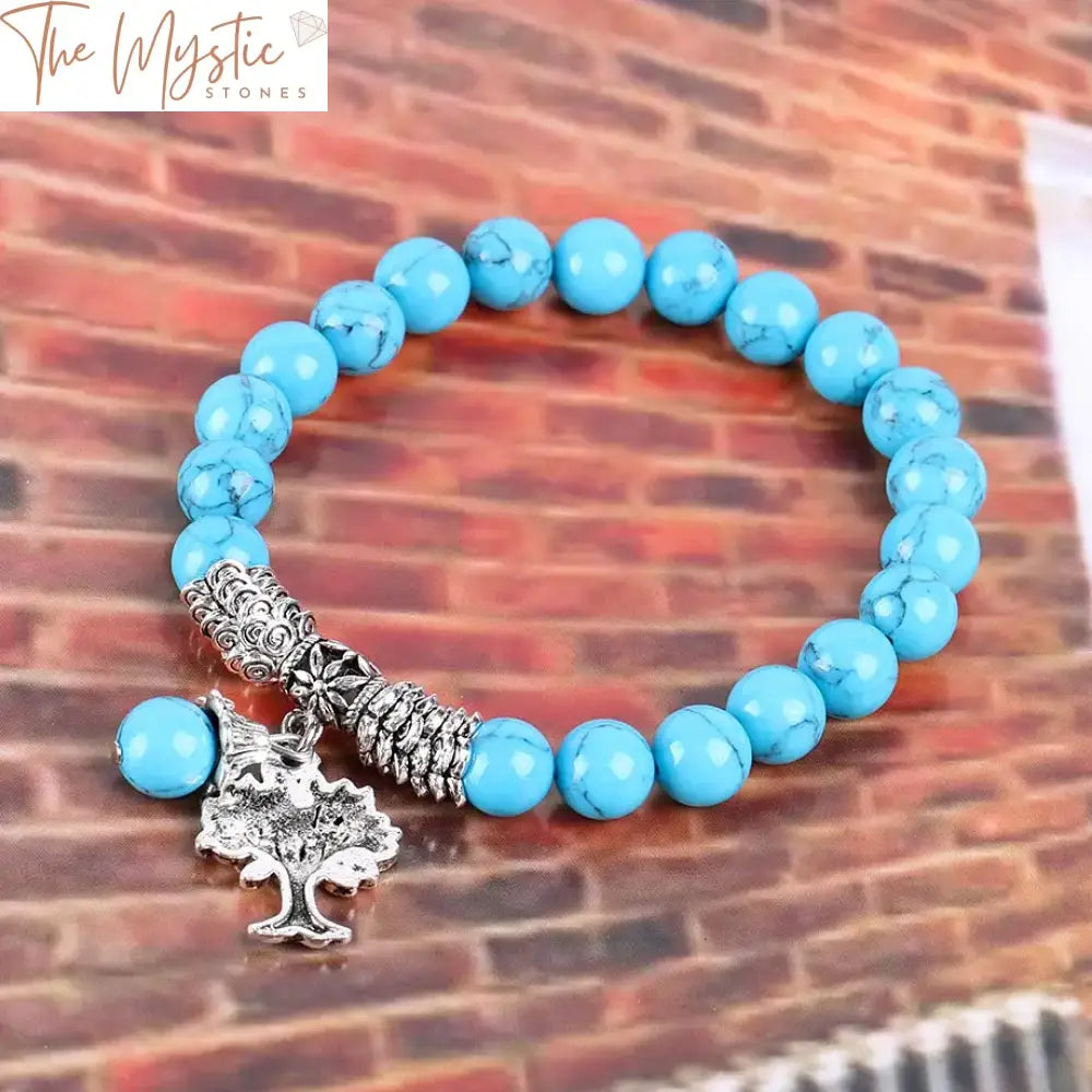 Blue Howlite 8Mm Mala Bracelet With Tree Of Life Pendant