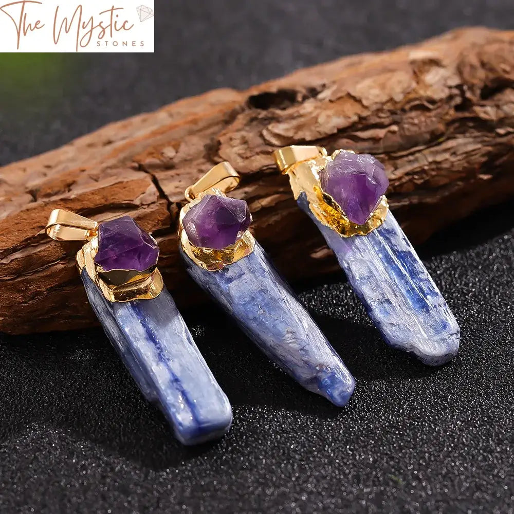 A single pendant featuring a natural blue kyanite stone and a purple amethyst crystal.