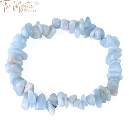 A bracelet made of irregular blue quartz chip beads, strung together to form a natural healing crystal stone bracelet.