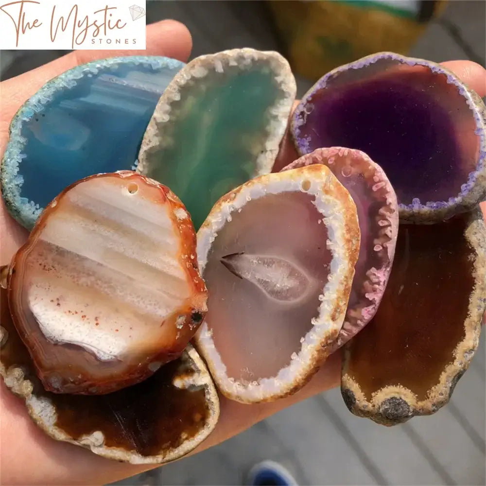 A single polished irregular agate slice from Brazil, showcasing bands of vibrant colors and natural patterns.