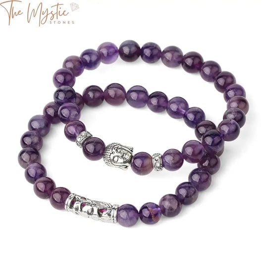 A set of three 8mm natural stone bracelets featuring a Buddha head accent.