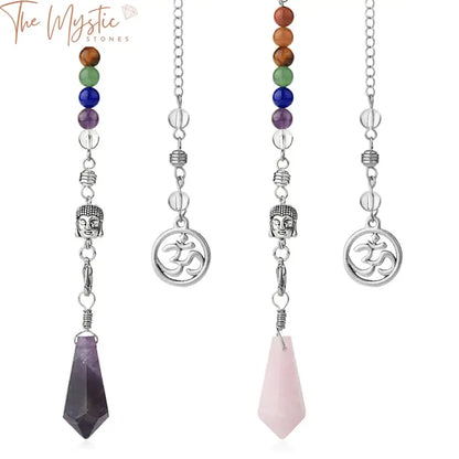 A pink quartz crystal pendulum shaped like a cone with a 3D Buddha head design.