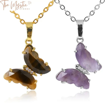 A collection of necklaces featuring a variety of natural stone pendants, including amethysts, clear quartz, and tiger eye.