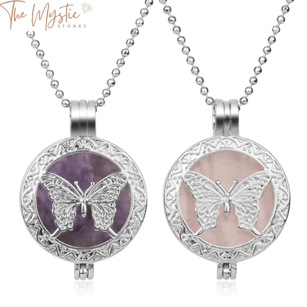 A delicate butterfly-shaped locket pendant crafted from natural stone hangs on a sleek chain.