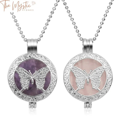 A delicate butterfly-shaped locket pendant crafted from natural stone hangs on a sleek chain.