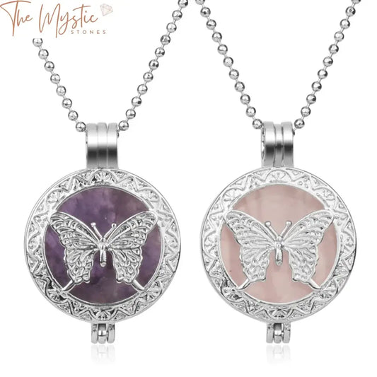 A delicate butterfly-shaped locket pendant crafted from natural stone hangs on a sleek chain.