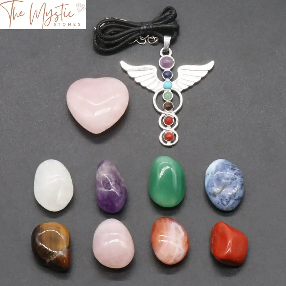 Chakra Angel Wing Heart Pendant And Polished Stone Set