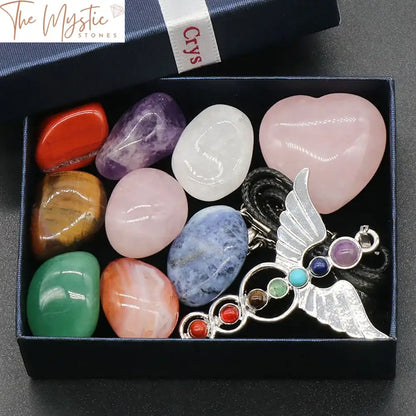 Chakra Angel Wing Heart Pendant And Polished Stone Set