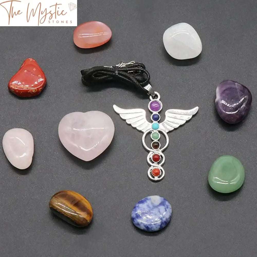 Chakra Angel Wing Heart Pendant And Polished Stone Set