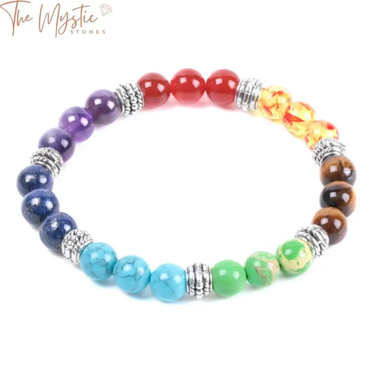 A bracelet featuring 8mm round beads made from natural stones, each representing one of the seven chakras.