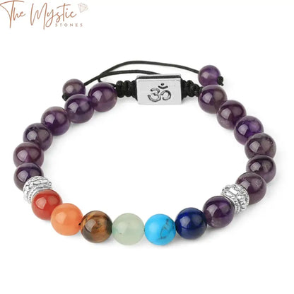 A braided bracelet featuring natural stones representing the seven chakras, each with vibrant colors.