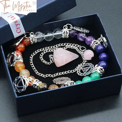 Chakra Crystal Bracelet And Rose Quartz Pendulum Kit