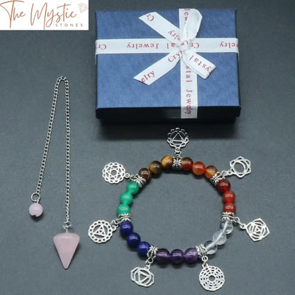 Chakra Crystal Bracelet And Rose Quartz Pendulum Kit