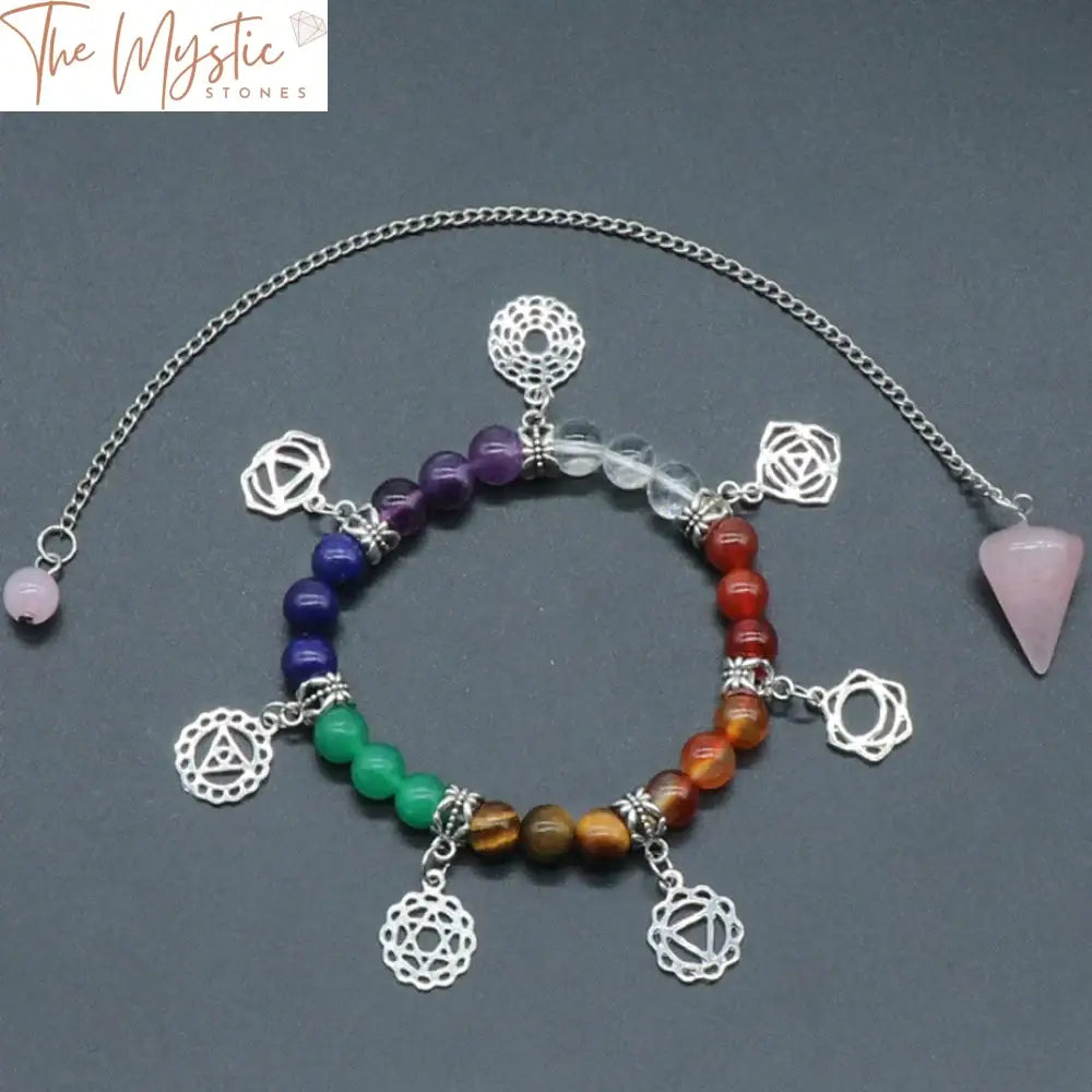 Chakra Crystal Bracelet And Rose Quartz Pendulum Kit