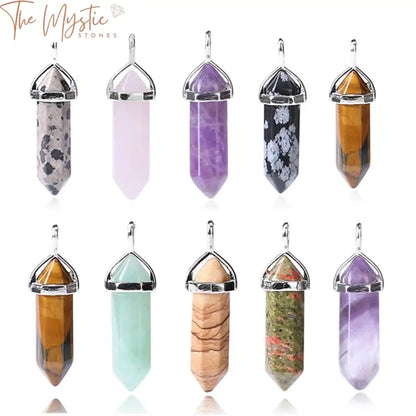 A clear quartz bullet-shaped pendant, elegantly crafted from natural purple crystal, is displayed.