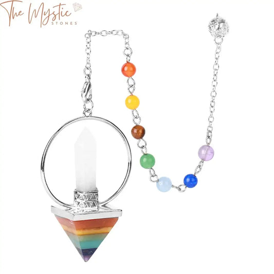 A collection of seven pyramid-shaped pendulums, each representing a different chakra, displayed in an array.