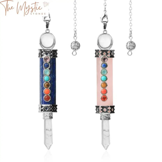 A crystal pendulum featuring a pointed wand made from clear quartz, adorned with a chain of seven chakra stones.