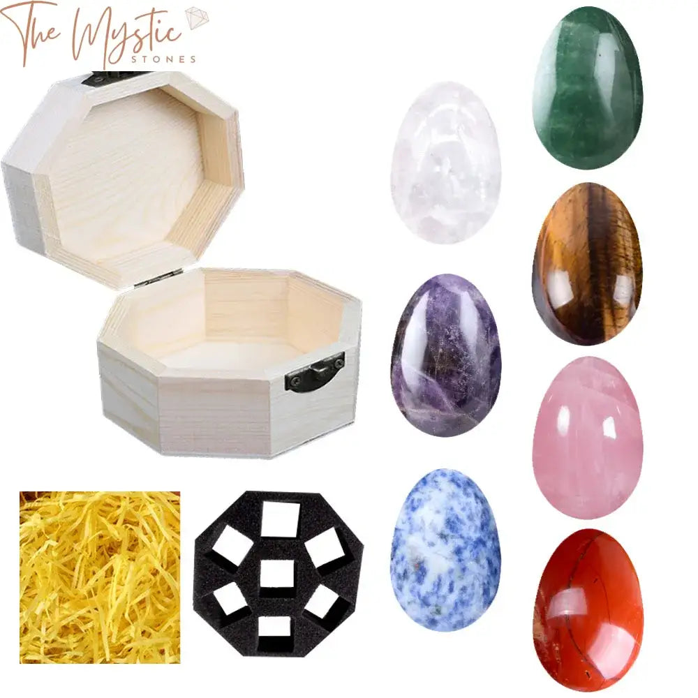 A set of seven egg-shaped stones in various colors, including amethyst and rose quartz, representing chakra healing crystals.