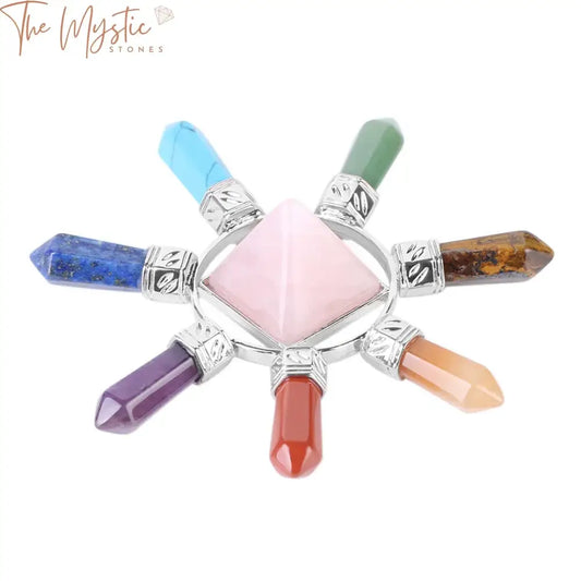 A collection of natural stone jewelry featuring a 7 Chakra theme, showcasing a variety of vibrant, polished gemstones.