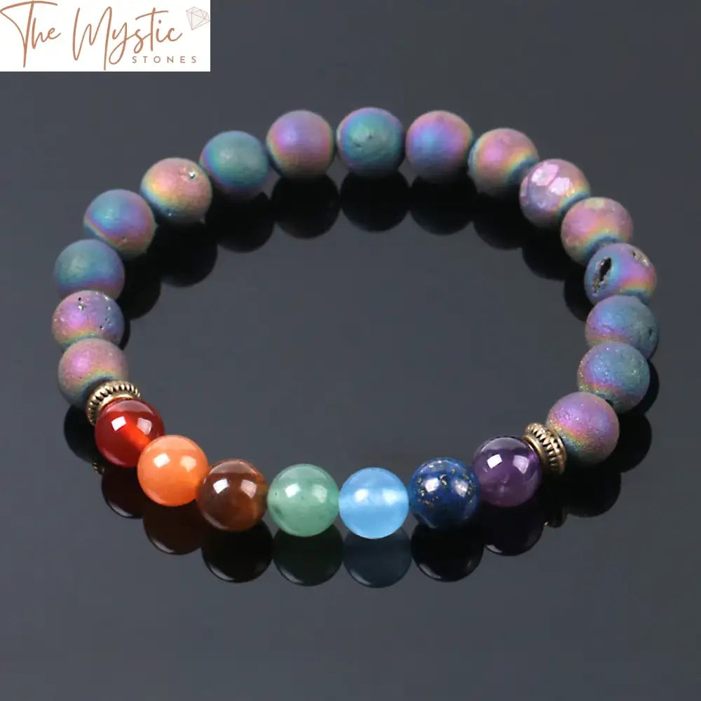 A collection of vibrant 7 Chakra bracelets made from colorful mineral beads, each representing different chakras.