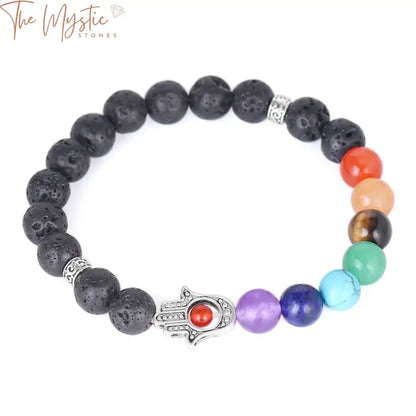 A bracelet featuring a combination of round natural stones in the colors of the seven chakras and lava beads.