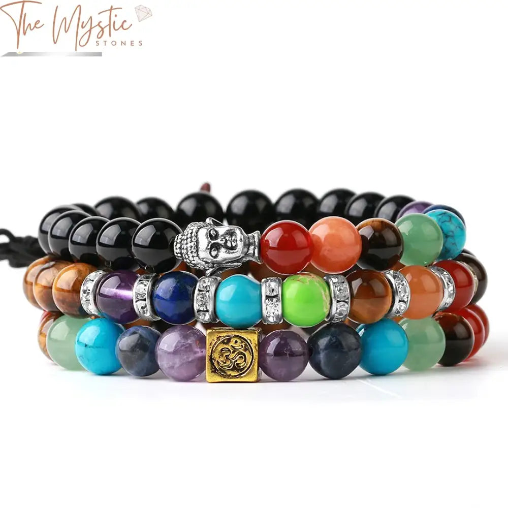 A colorful bracelet featuring seven natural stone beads, each representing a chakra, including Tiger Eye and Amethyst stones.