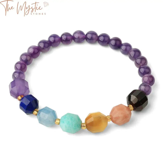 A multi-color bracelet featuring faceted natural crystal stones arranged in a sequence representing the 7 chakras.