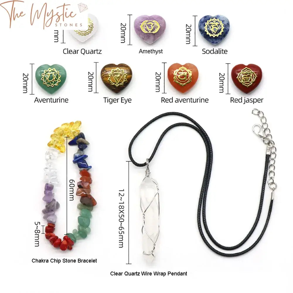 Chakra Healing Heart Stones And Quartz Pendant Set