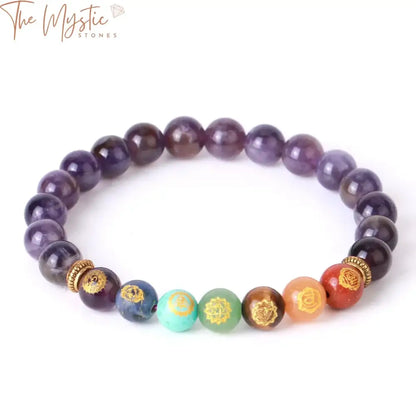 Close-up image of a healing chakra bracelet featuring 8mm round beads made of various natural stones.