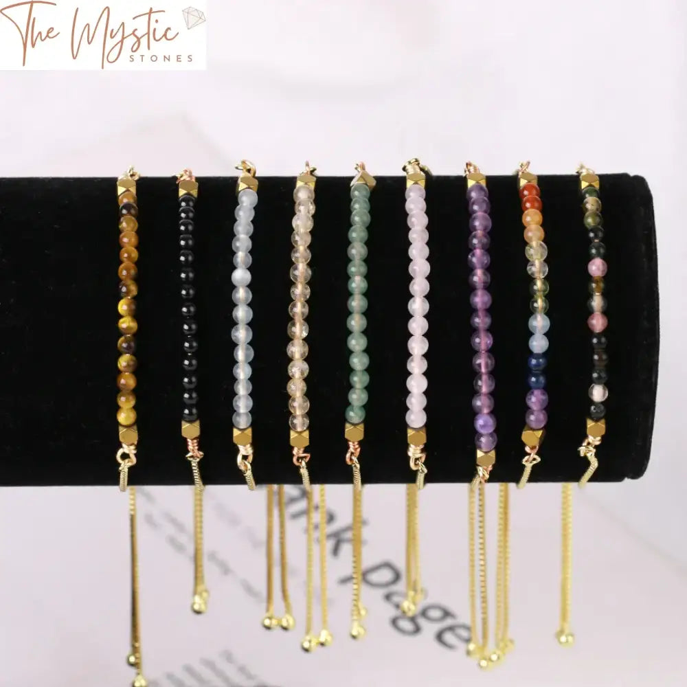 Chakra Healing Natural Stone Bracelet With Pink Crystal And Gold Stainless Steel