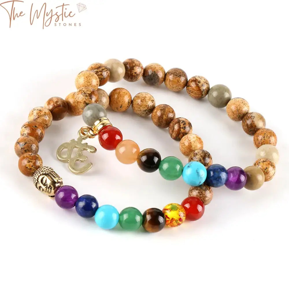 Chakra Healing Stone Bracelet With Om & Buddha Charms