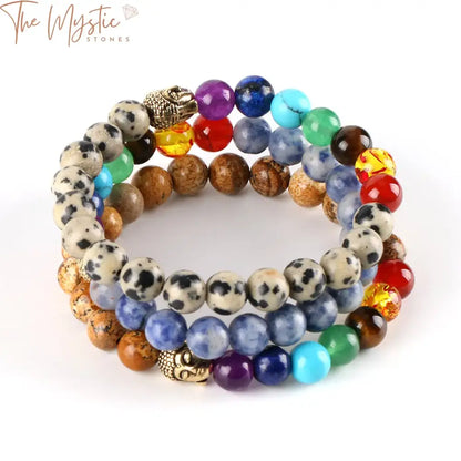 Chakra Healing Stone Bracelet With Om & Buddha Charms