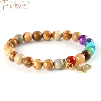 A colorful bracelet featuring 8mm beads, arranged in sections representing the 7 chakras.