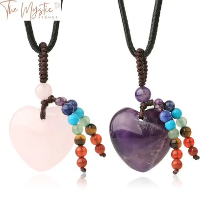 Chakra Heart Pendant Necklace With Natural Stone And Crystal Tassel