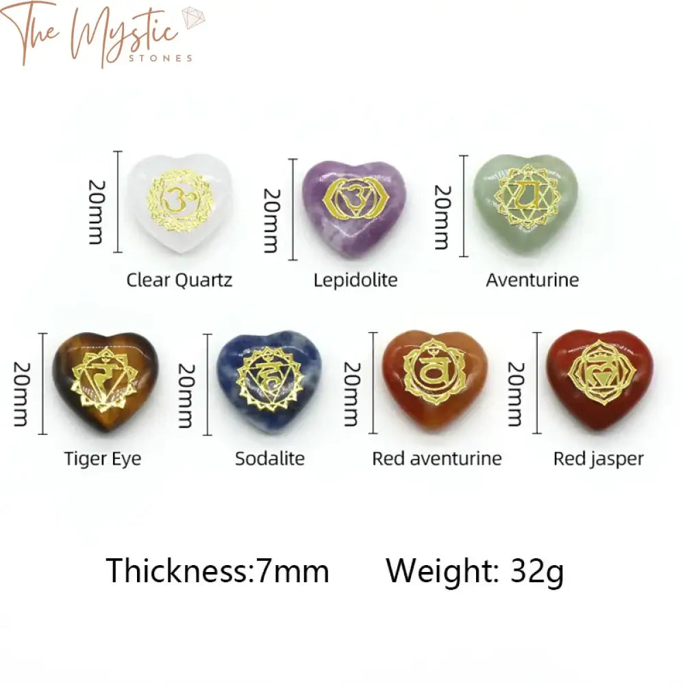 A set of seven heart-shaped stones, each in a different color, representing the seven chakras.