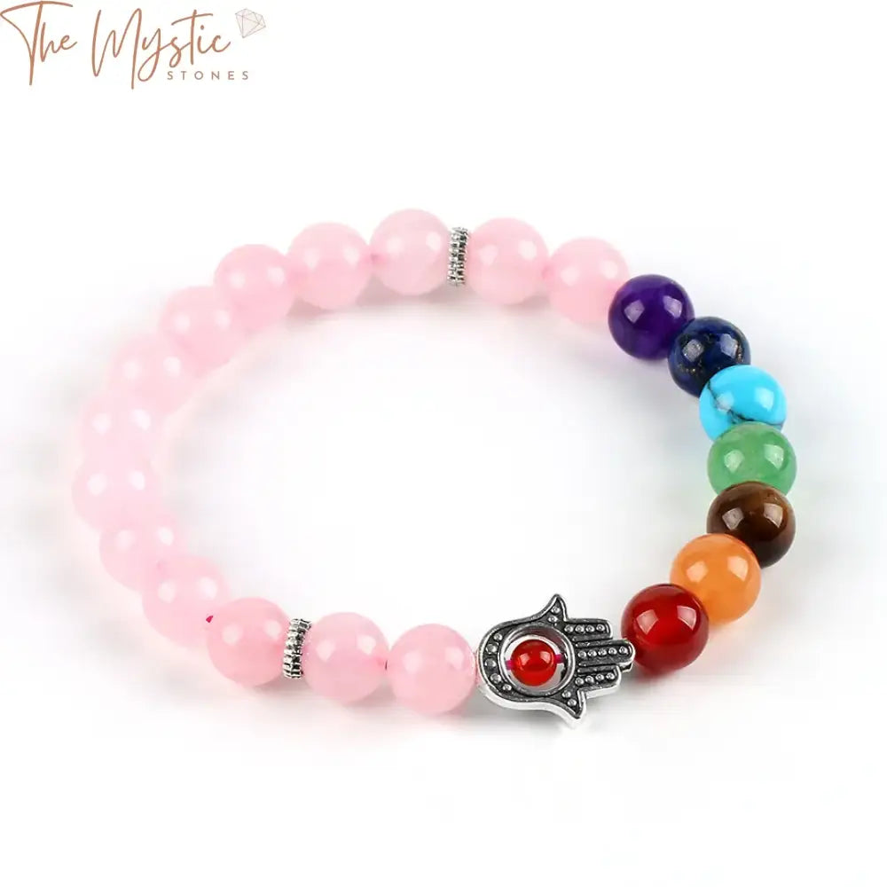 Chakra Meditation Bracelet With Natural Rose Crystals And Charms