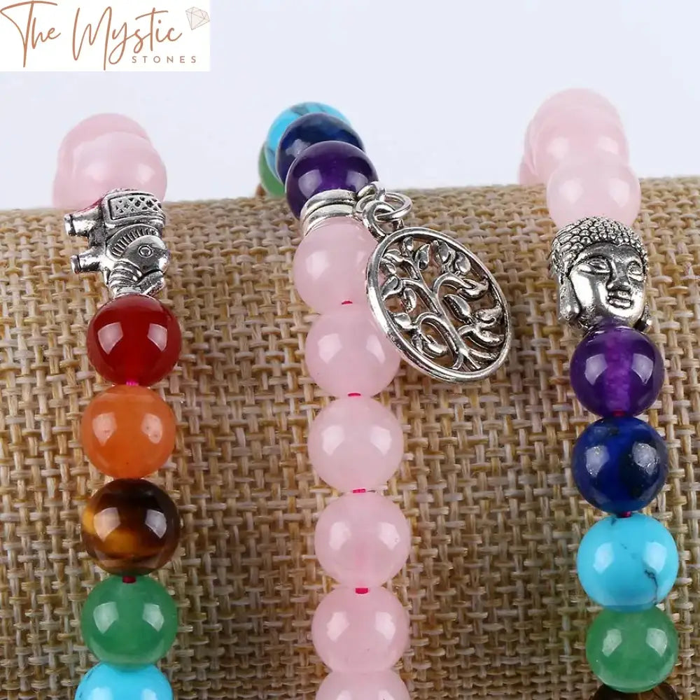 Chakra Meditation Bracelet With Natural Rose Crystals And Charms