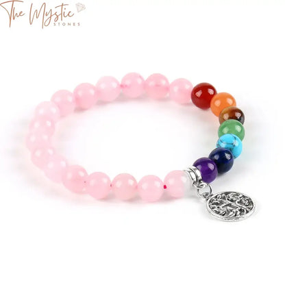 Chakra Meditation Bracelet With Natural Rose Crystals And Charms