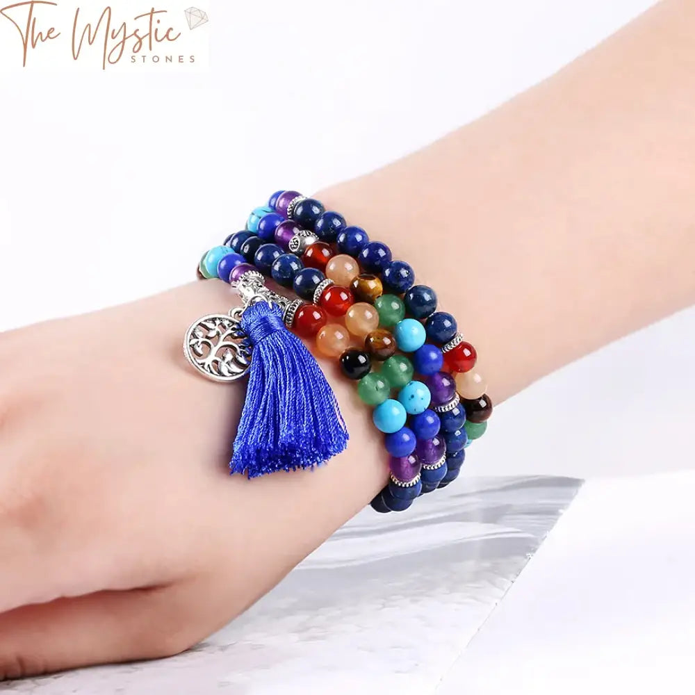 Chakra Multilayer Bracelet With Lapis Lazuli & Mala Beads