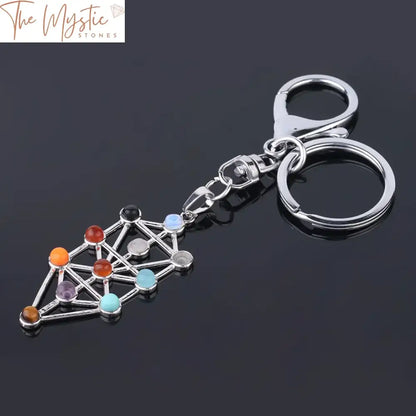 Chakra Reiki Keychain With Kabbalah Tree And Flower Of Life Pendant