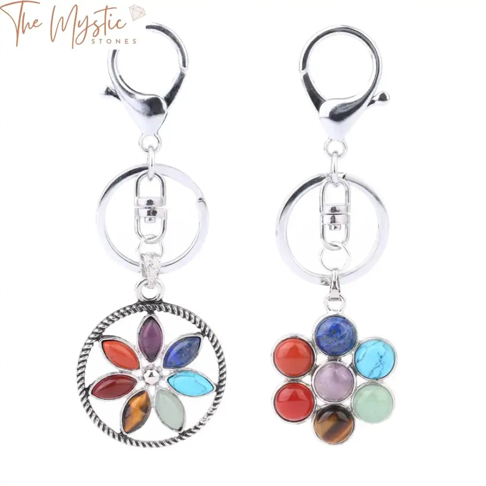 Chakra Reiki Keychain With Kabbalah Tree And Flower Of Life Pendant