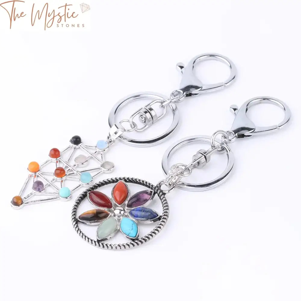 Chakra Reiki Keychain With Kabbalah Tree And Flower Of Life Pendant