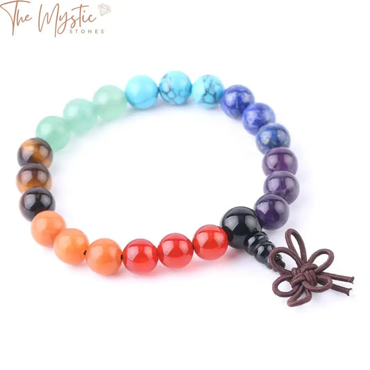 Colorful 8mm chakra bracelets featuring a variety of natural stones in vibrant hues, each representing different chakras.