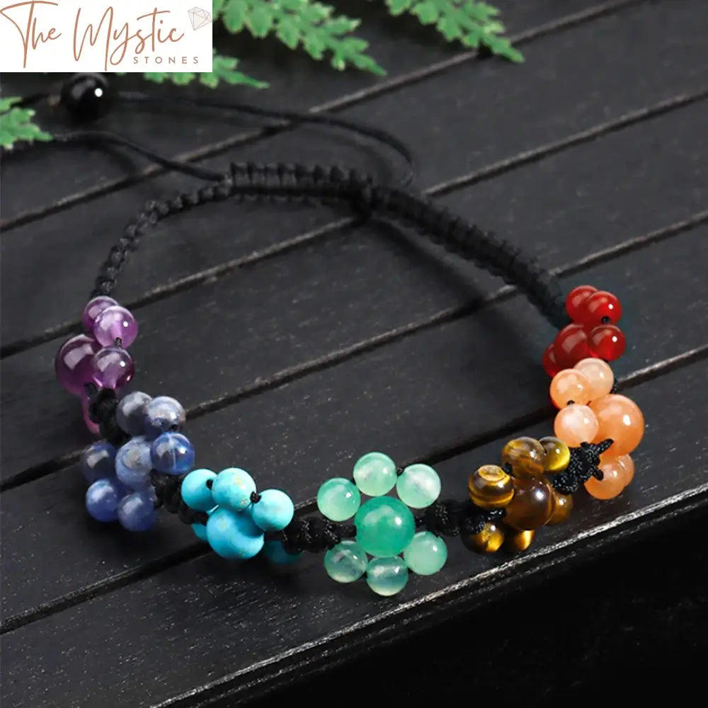 A handmade bracelet featuring natural stone beads, each representing one of the seven chakras with distinct colors.