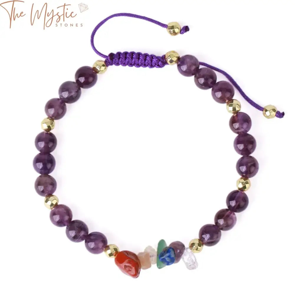 A collection of colorful chakra crystal bracelets featuring natural stone beads, each with distinct hues.