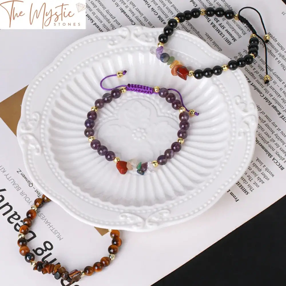 Chakra Stone Beaded Bracelet - Amethyst Tiger Eye Labradorite