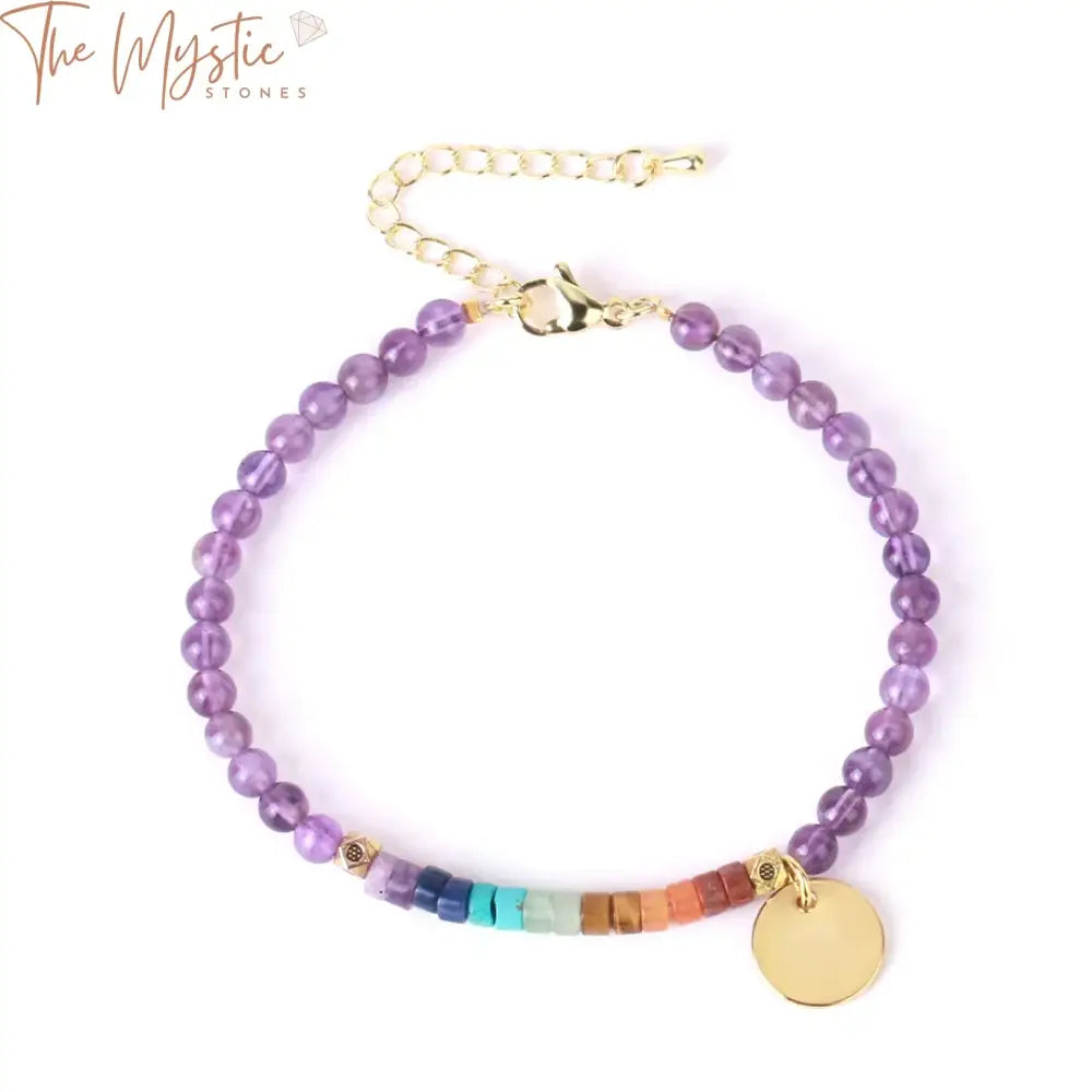 The image shows a bracelet designed for women, featuring 4mm natural stone beads representing the 7 chakras.